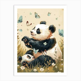 Giant Panda Cub Playing With Butterflies Storybook Illustration 1 Art Print