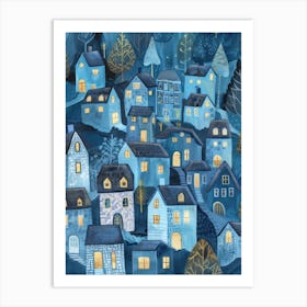 Blue Houses At Night Art Print