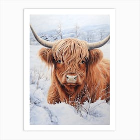 Traditional Watercolour Illustration Of Highland Cow In The Snowy Field 3 Art Print