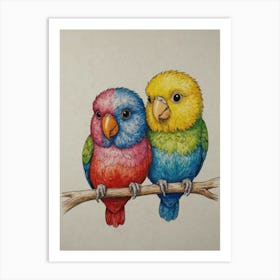 Two Birds Perched On A Branch Art Print