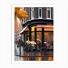 Amsterdam cafes, autumn season, rain, autumn oil colours.Faded colours,People passing on the street, winter clothes, rain umbrellas.1 2 Art Print