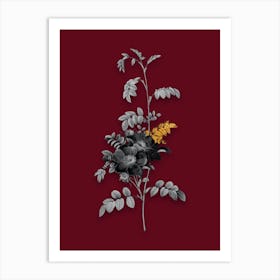 Vintage Alpine Rose Black and White Gold Leaf Floral Art on Burgundy Red n.1121 Art Print