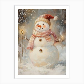 Snowman Wearing Scarf In Snowy Landscape Art Print