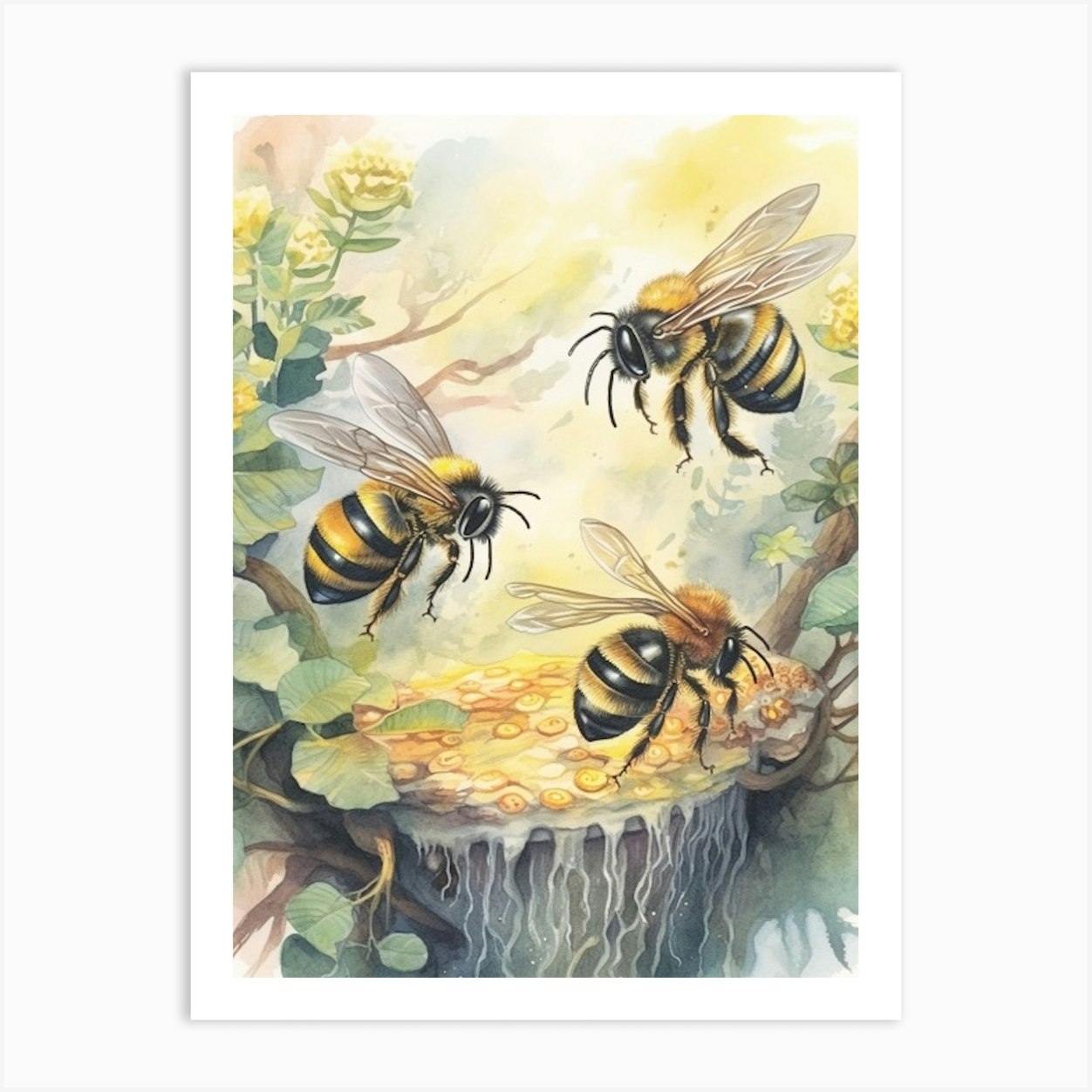 Digger Bee Beehive Watercolour Illustration 4 Art Print by Flora  Expressions - Fy