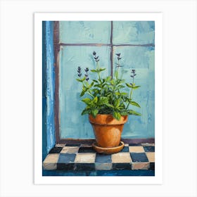 Potted Herbs On A Blue Checkered Windowsil 3 Art Print