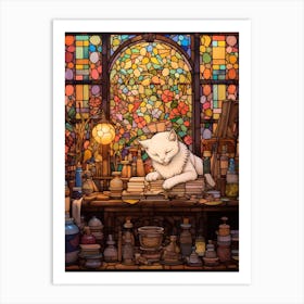 Mosaic Of Sleepy White Cat In Medieval Alchemy Art Print