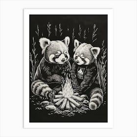 Red Pandas Sitting Together By A Campfire Ink Illustration 2 Art Print