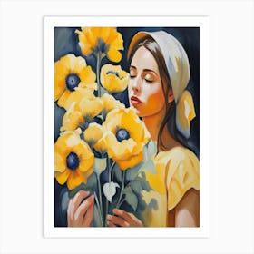 Girl With Yellow Flowers Art Print