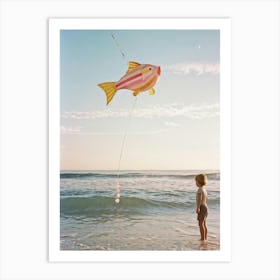 An Endearing Scene Of A Child Amused With A Weightless Oversized Candy Stripe Fish Floating Above (8) Art Print