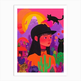 Cactus Girl with cats Art Print