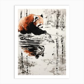 Red Panda Catching Fish In A Tranquil Lake Ink Illustration 3 Art Print