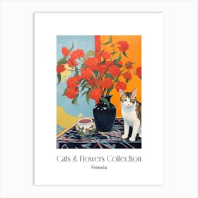 Cats & Flowers Collection Freesia Flower Vase And A Cat, A Painting In The Style Of Matisse 1 Art Print