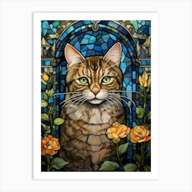 Mosaic Of A Cat With Peonies Art Print
