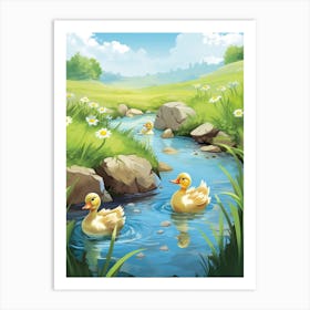 Animated Ducklings Swimming In The River 1 Art Print