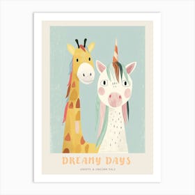 Giraffe & Unicorn Pastel Storybook Style 1 Poster Art Print