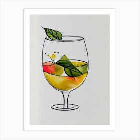 Chardonnay Minimal Line Drawing With Watercolour Cocktail Poster Art Print