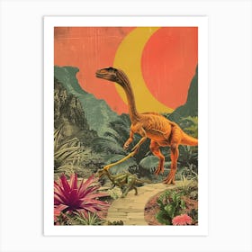 Dinosaur Walking A Dinosaur Retro Collage Art Print