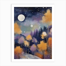 Cosmic Fall Night،
An ethereal boho painting that captures the beauty of a fall night sky. The background is a deep navy, speckled with tiny stars, while the foreground features silhouettes of autumn trees in shades of charcoal and dark olive. The moon is painted in a glowing silver, surrounded by soft wisps of mist in pale gold and lavender.
.9 Art Print