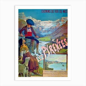 Young Couple On Pyrenees, France, Vintage Travel Poster Art Print