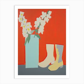 A Painting Of Cowboy Boots With Snapdragon Flowers, Pop Art Style 1 Art Print