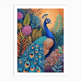 Folky Floral Peacock With The Big Leaves 3 Art Print