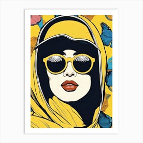 Hijab Yellow Woman In Sunglasses , Pop art Art Print