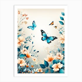 Butterfly And Flowers Wallpaper, A Butterfly-Toned Design With Flowers And Leaves Trees And Birds A Beautiful And Simple Picture Art Print