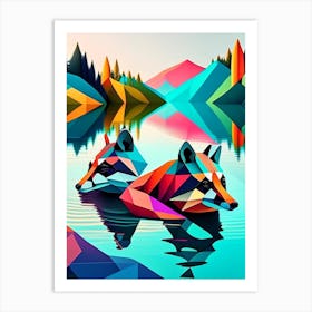 Two Raccoons Swimming In Lake Modern Rainbow Geometric Art Print