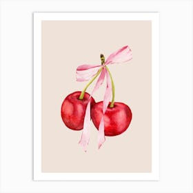 Coquette Cherries & Pink Bow - 1 - Neutral Art Print