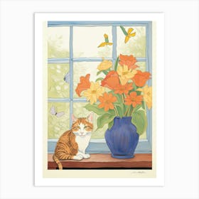 Cat With Calla Lily Flowers Watercolor Mothers Day Valentines 2 Art Print