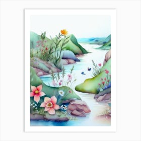 Watercolor Of A Beautiful River Art Print