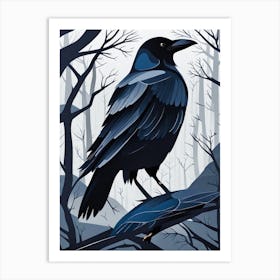 Crow, Raven In The Forest, crow, crow in forest, crow in dark forest, bird in dark forest, black and grey Art Print