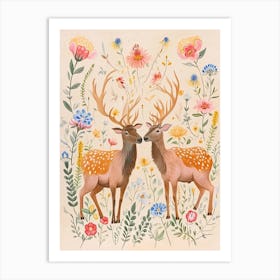 Folksy Floral Animal Drawing Elk 2 Art Print