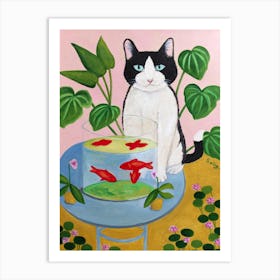 Cat And Goldfishes Art Print