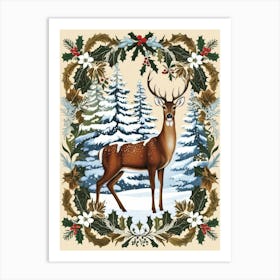 Deer In Holly Wreath Art Print