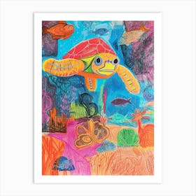 Abstract Rainbow Sea Turtle Underwater Crayon Drawing 1 Art Print