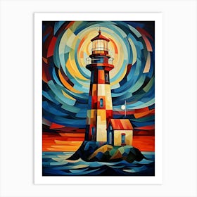 Lighthouse Tower at Sunset, Vibrant Colorful Painting in Cubism Picasso Style Art Print