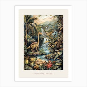 Dinosaur By A Waterfall Landscape Painting 3 Poster Art Print