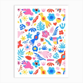 Paper Cut Out Collage Exotic Birds, Fruit, and Flowers - Red Blue Pink Yellow Art Print