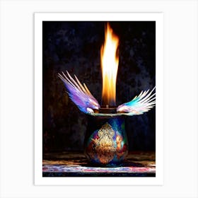 Iridescent Bird Wings Unfurled And Catching The Light Emerging From An Ornate Antique Baroque Pai Art Print