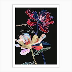 Neon Flowers On Black Peony 3 Art Print