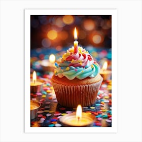 Cupcake Ablaze With Color Icing Swirling In A Kaleidoscope Pattern Single Candle Aglow Emulating A (3) Art Print