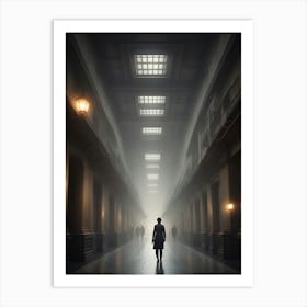 Man Walking Down A Hallway Art Print