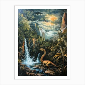 Dinosaur By A Waterfall Painting 2 Art Print