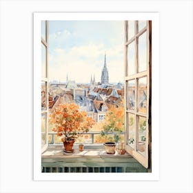Window View Of Brussels Belgium In Autumn Fall, Watercolour 2 Art Print