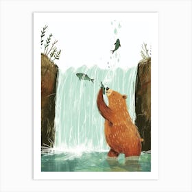 Sloth Bear Catching Fish In A Waterfall Storybook Illustration 1 Art Print