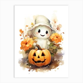 Cute Ghost With Pumpkins Halloween Watercolour 35 Art Print