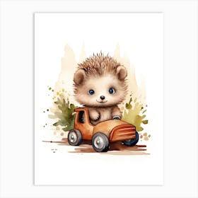Baby Hedgehog On Toy Car, Watercolour Nursery 0 Art Print