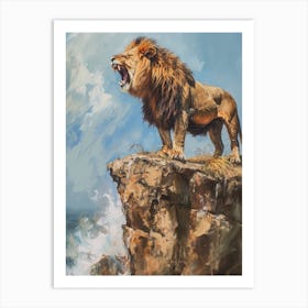 Barbary Lion Roaring On A Cliff Acrylic Painting 3 Art Print