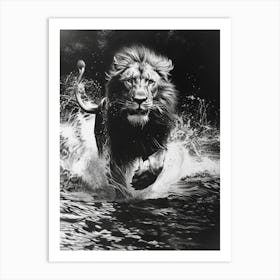 African Lion Charcoal Drawing Crossing A River 1 Art Print